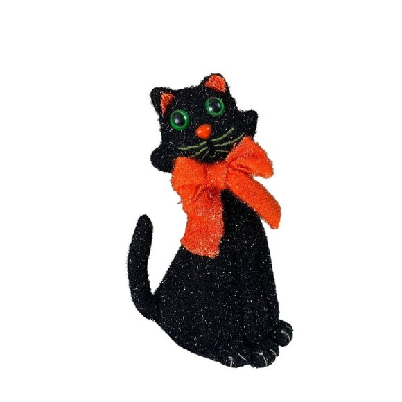 Halloween Cat Plush Set of 3 Sparkly Orange Black Cats Green Eyes Spooky Decor - Picture 4 of 7
